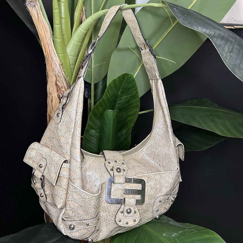 Vintage GUESS Hobo Bag In Beige Leather Crocodile Skin Y2K 90s